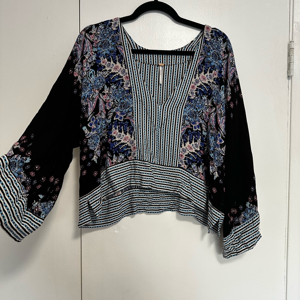 Free People Small Floral Boho Women's Top - Black and Blue